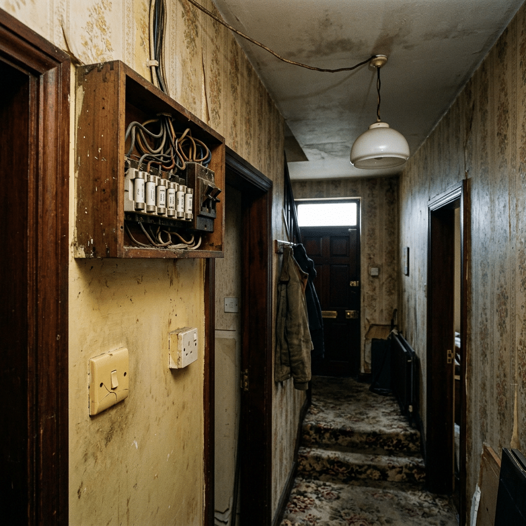 outdated 1970s fuse board with exposed wiring and perished insulation