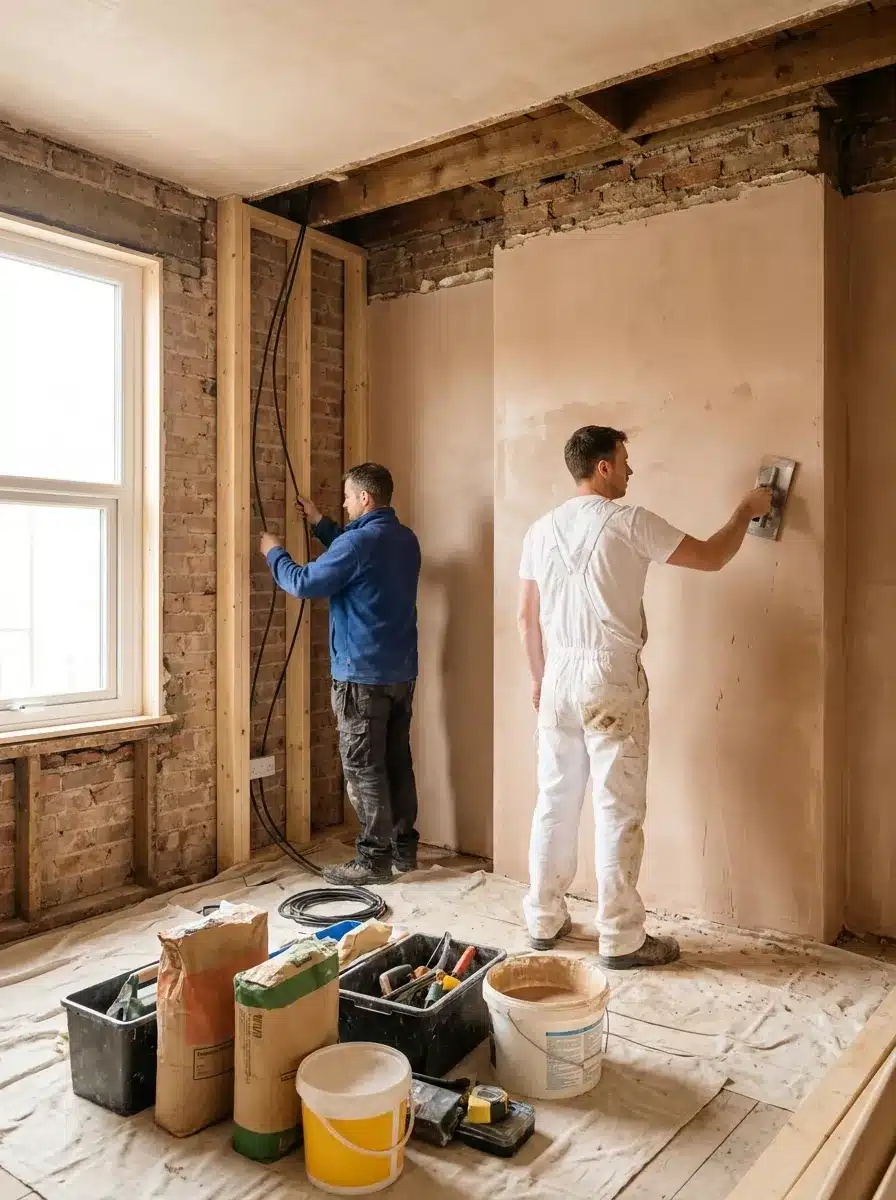 Electrician plastering a wall after rewiring work is complete
