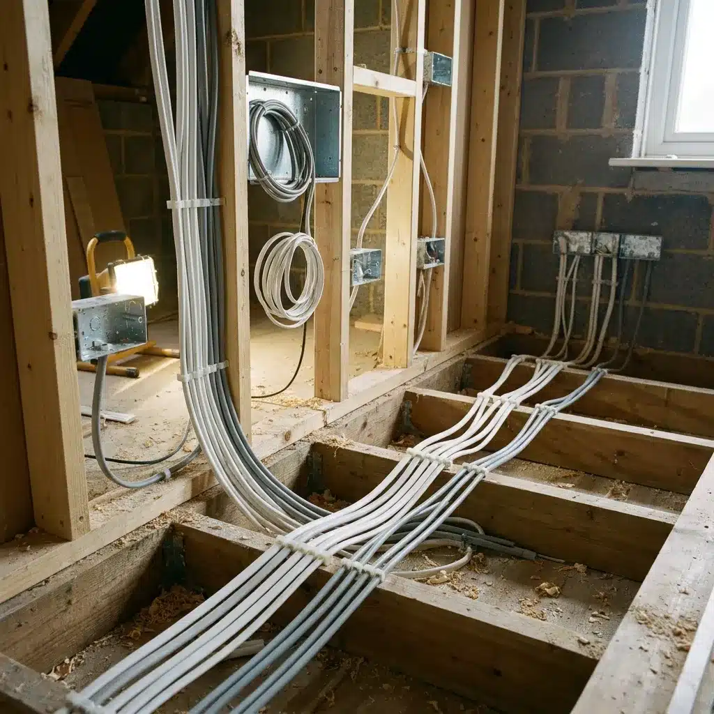 First fix wiring installation during a full rewire in a Belfast terrace house