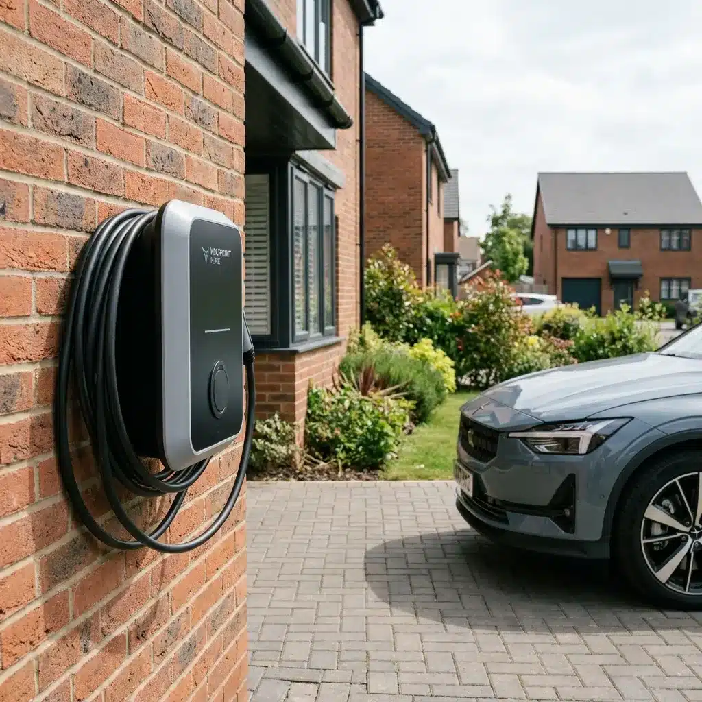 Home EV charging point installed on exterior wall in Holywood