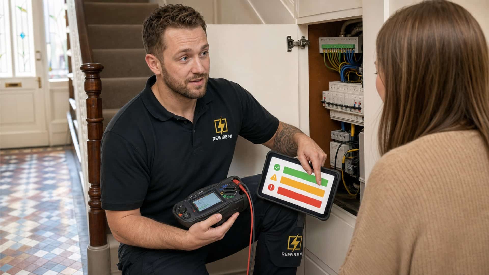 REWIRE NI electrician explaining EICR inspection findings to a homeowner