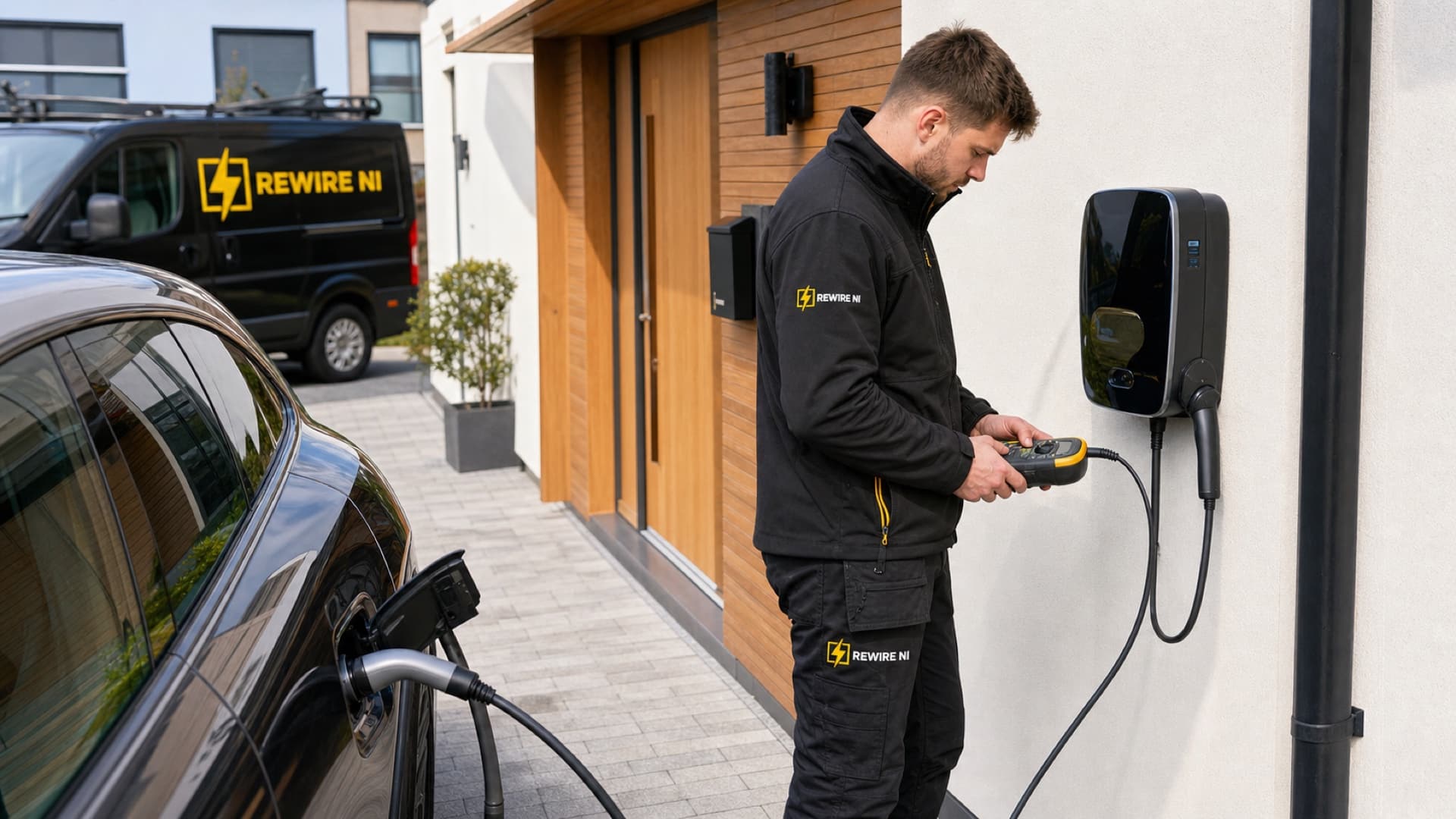 REWIRE NI electrician commissioning a home EV charging point