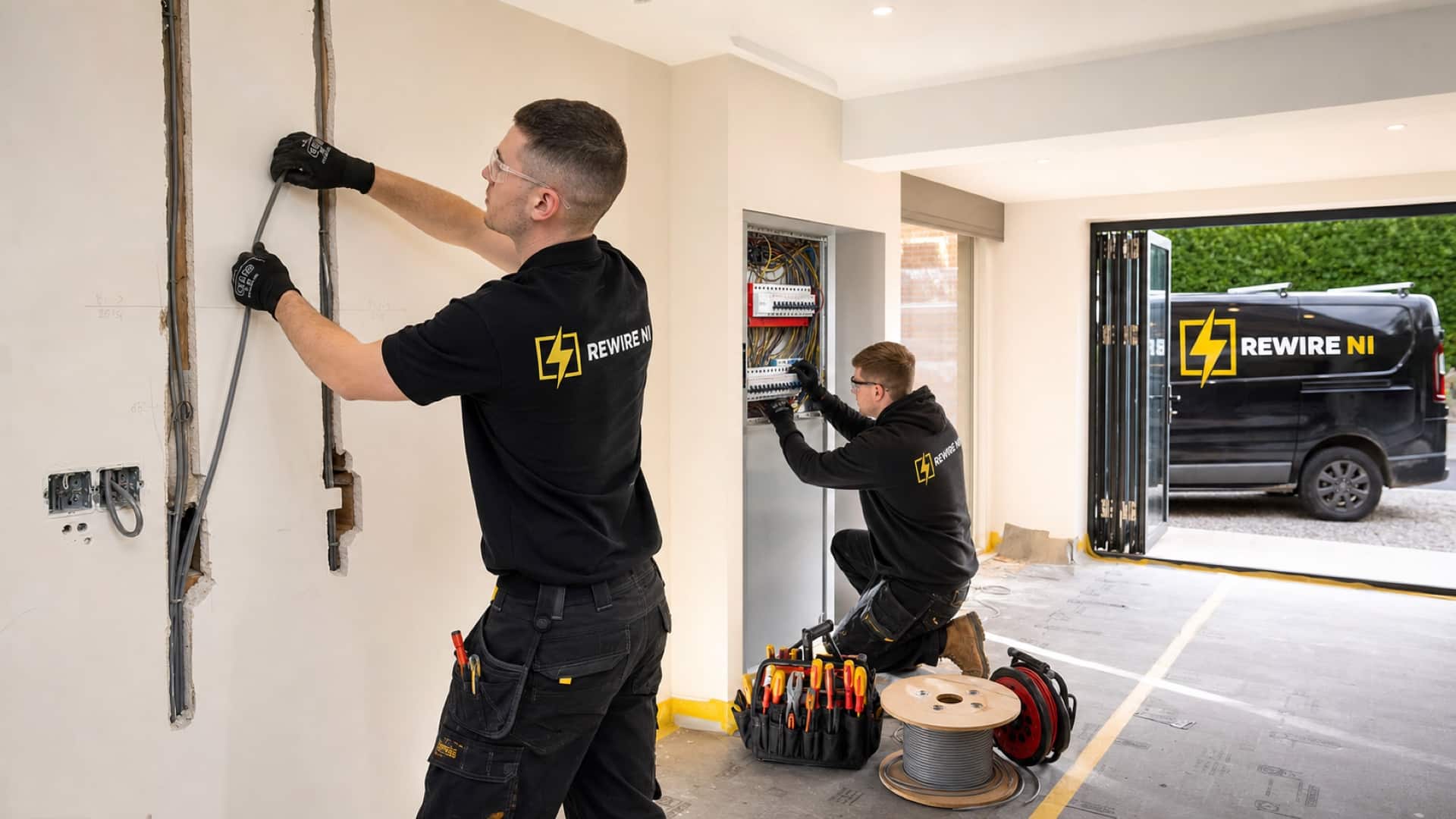 REWIRE NI electricians carrying out a complete home rewiring project