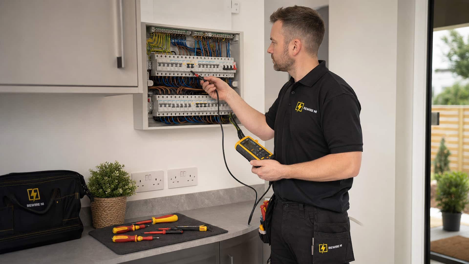 REWIRE NI electrician testing a modern consumer unit
