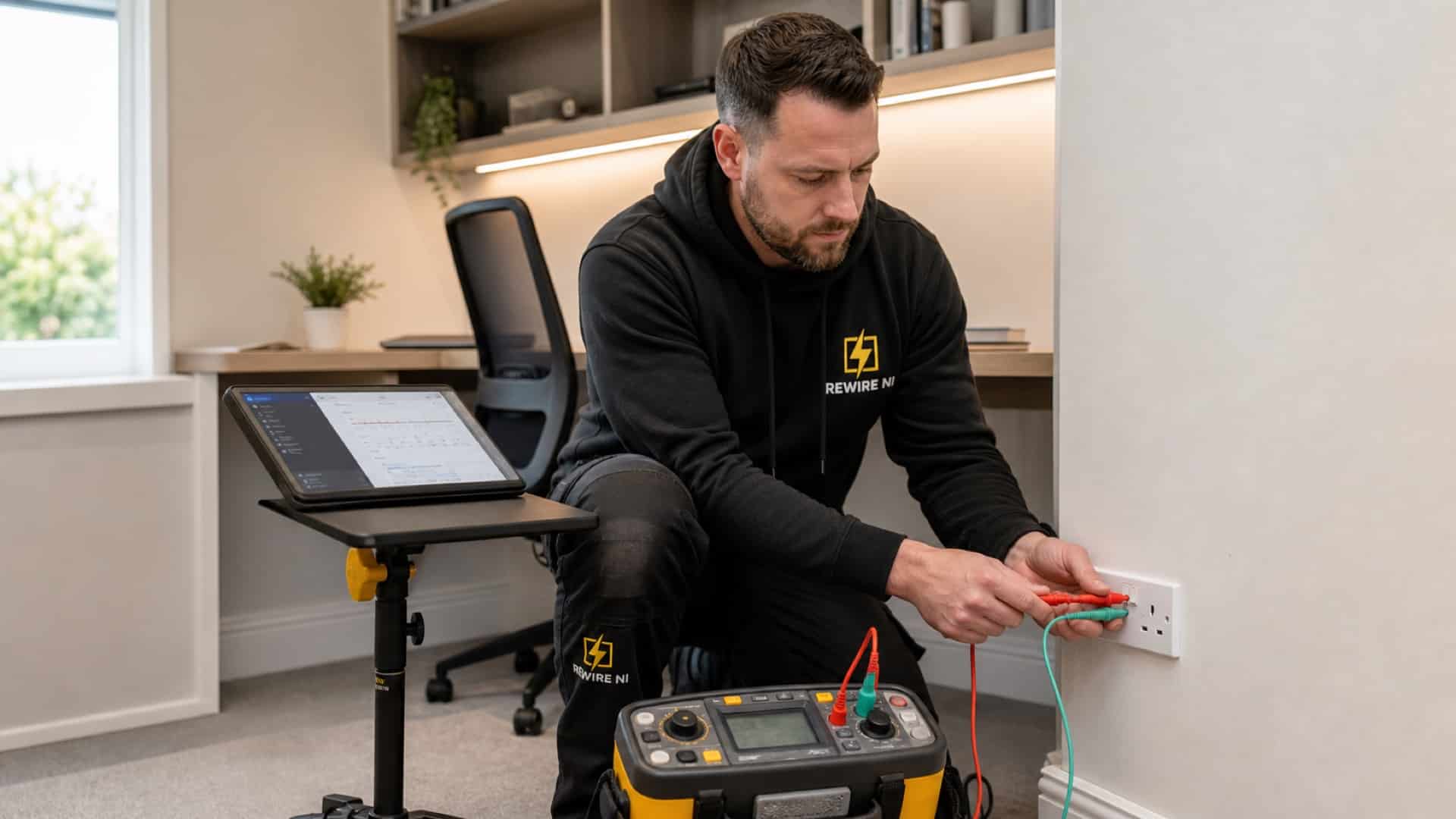 REWIRE NI electrician carrying out diagnostic electrical testing