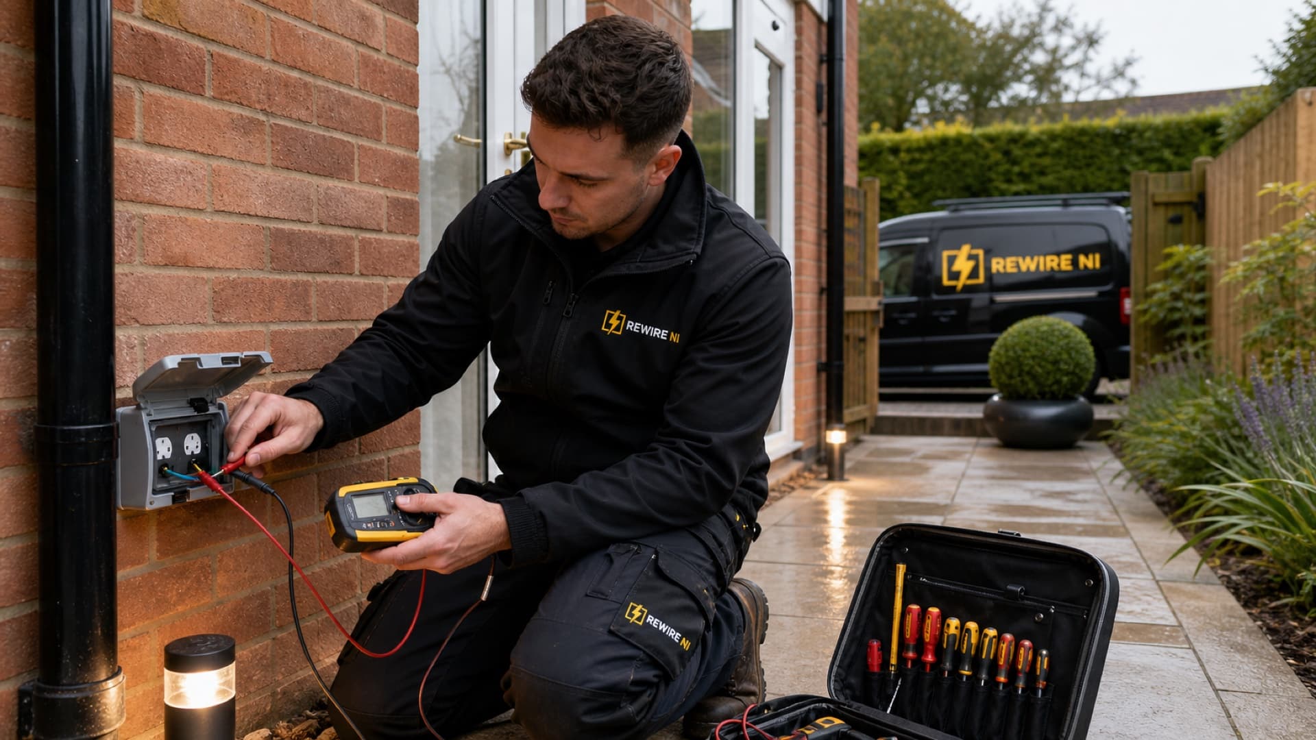REWIRE NI electrician maintaining an outdoor electrical socket