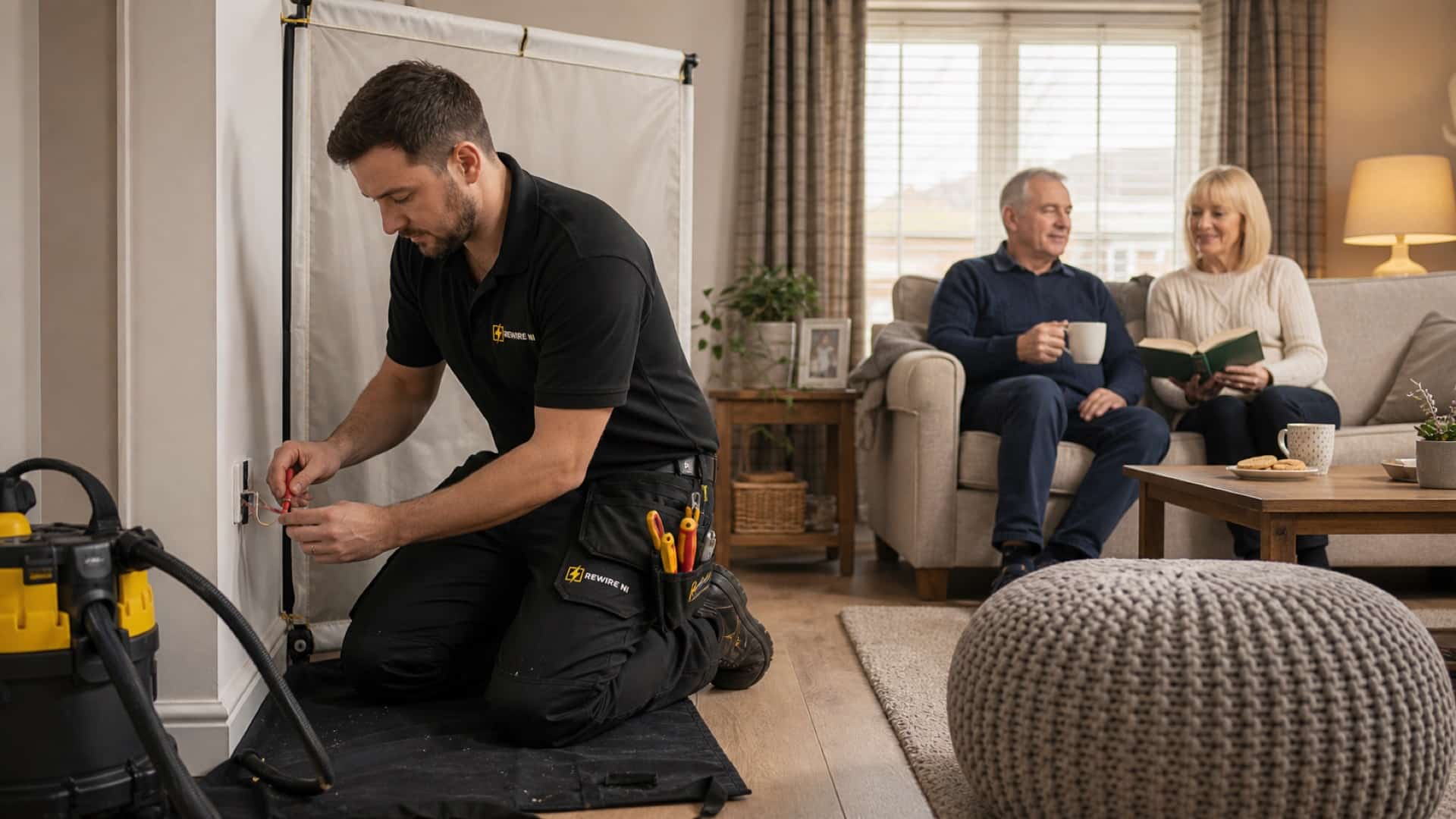 REWIRE NI electrician working carefully in an occupied home