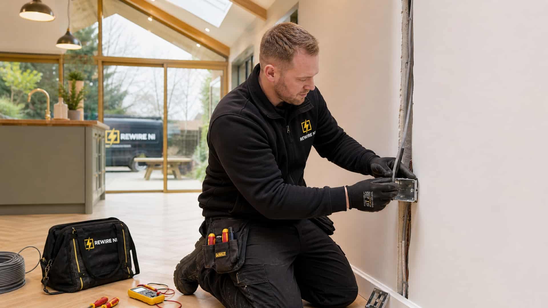 REWIRE NI electrician replacing wiring in a modern home extension