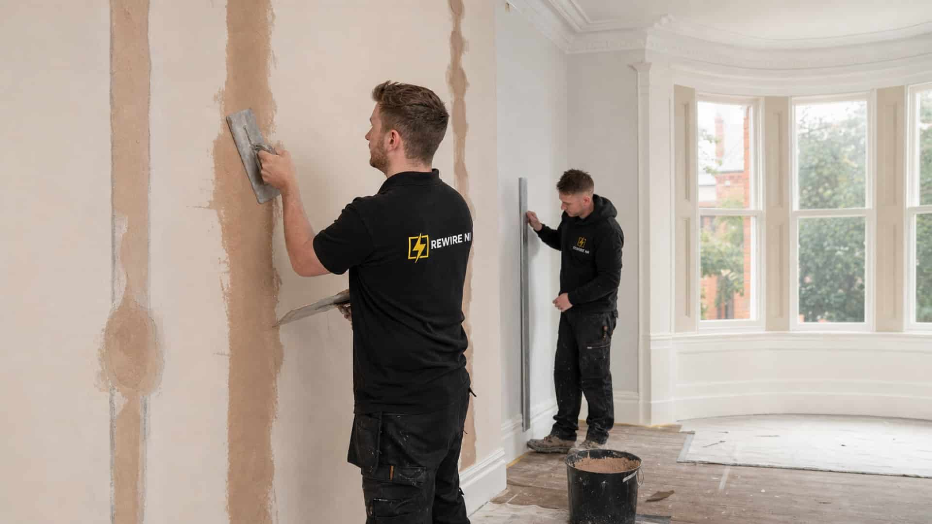 REWIRE NI team making good plastered walls after electrical work