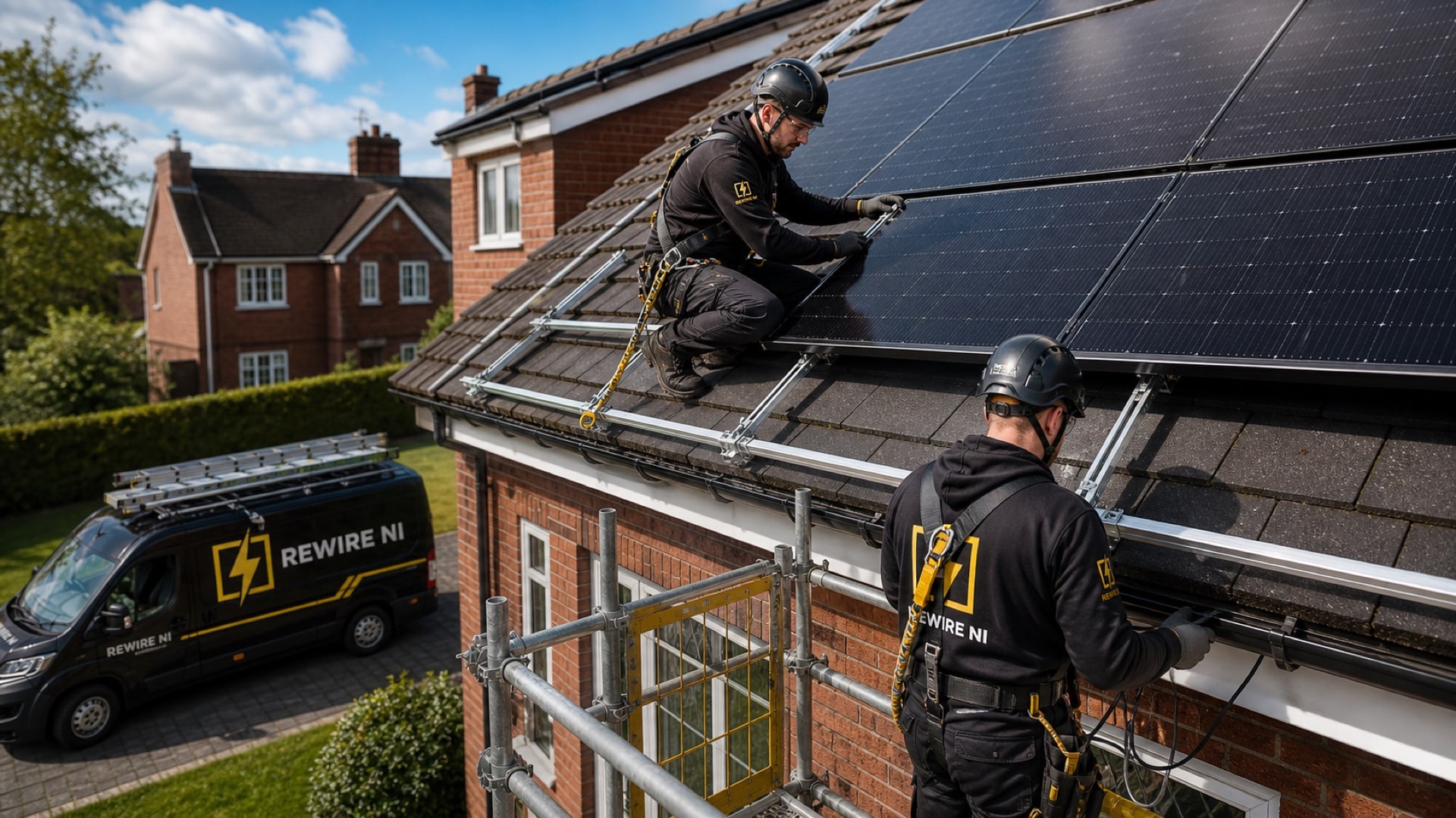 REWIRE NI electricians installing solar panels on a UK home